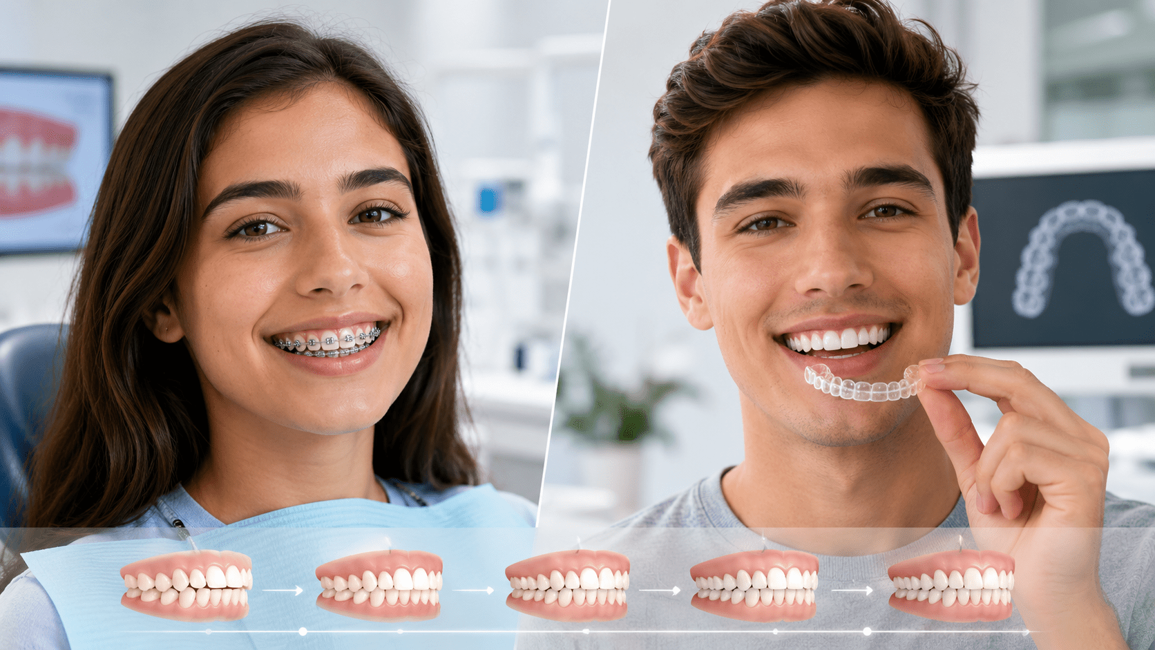 Invisalign and braces treatment comparison with different stages of teeth alignment